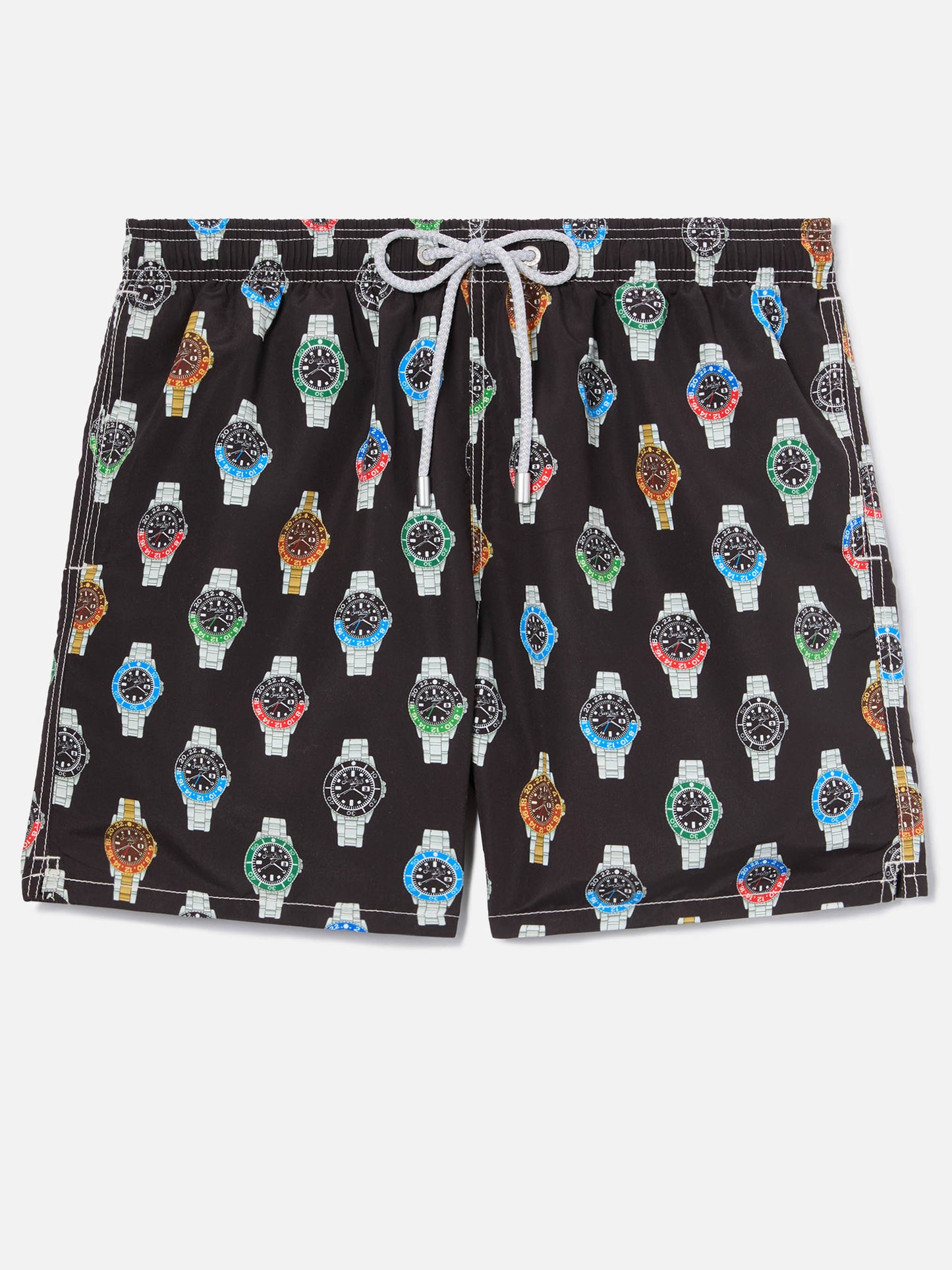 Gustavia swim shorts in solid black with watch print