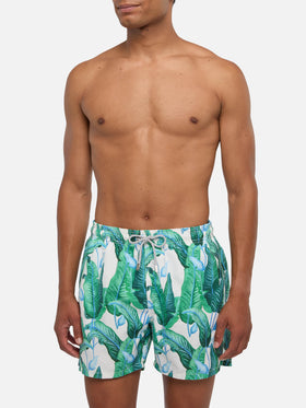 Tropical leaf print mid-length swim shorts