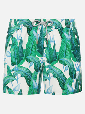 Tropical leaf print mid-length swim shorts