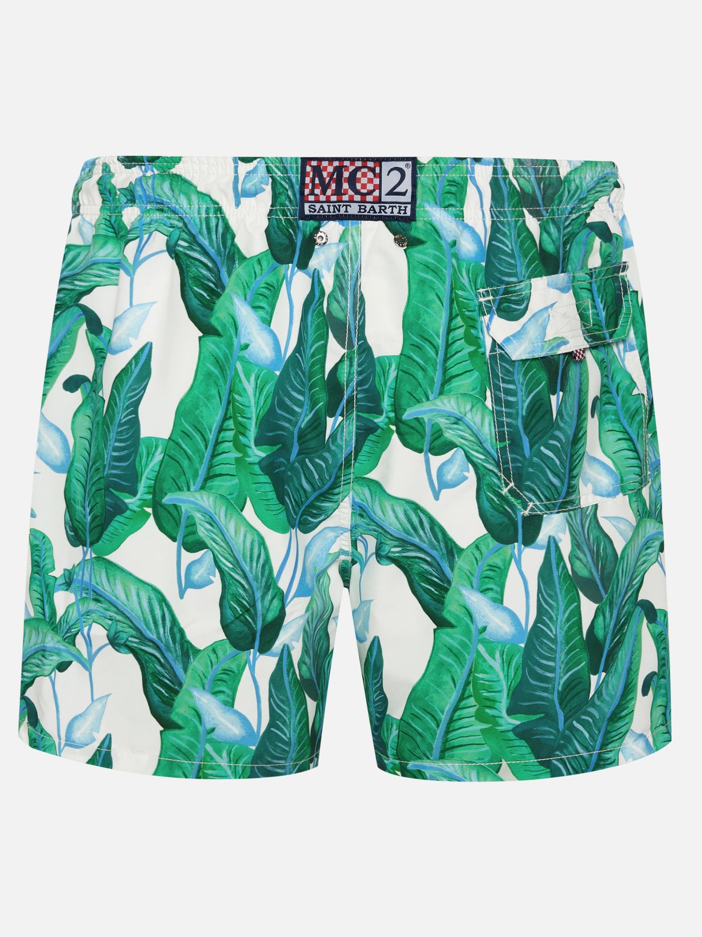 Tropical leaf print mid-length swim shorts