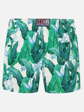 Tropical leaf print mid-length swim shorts