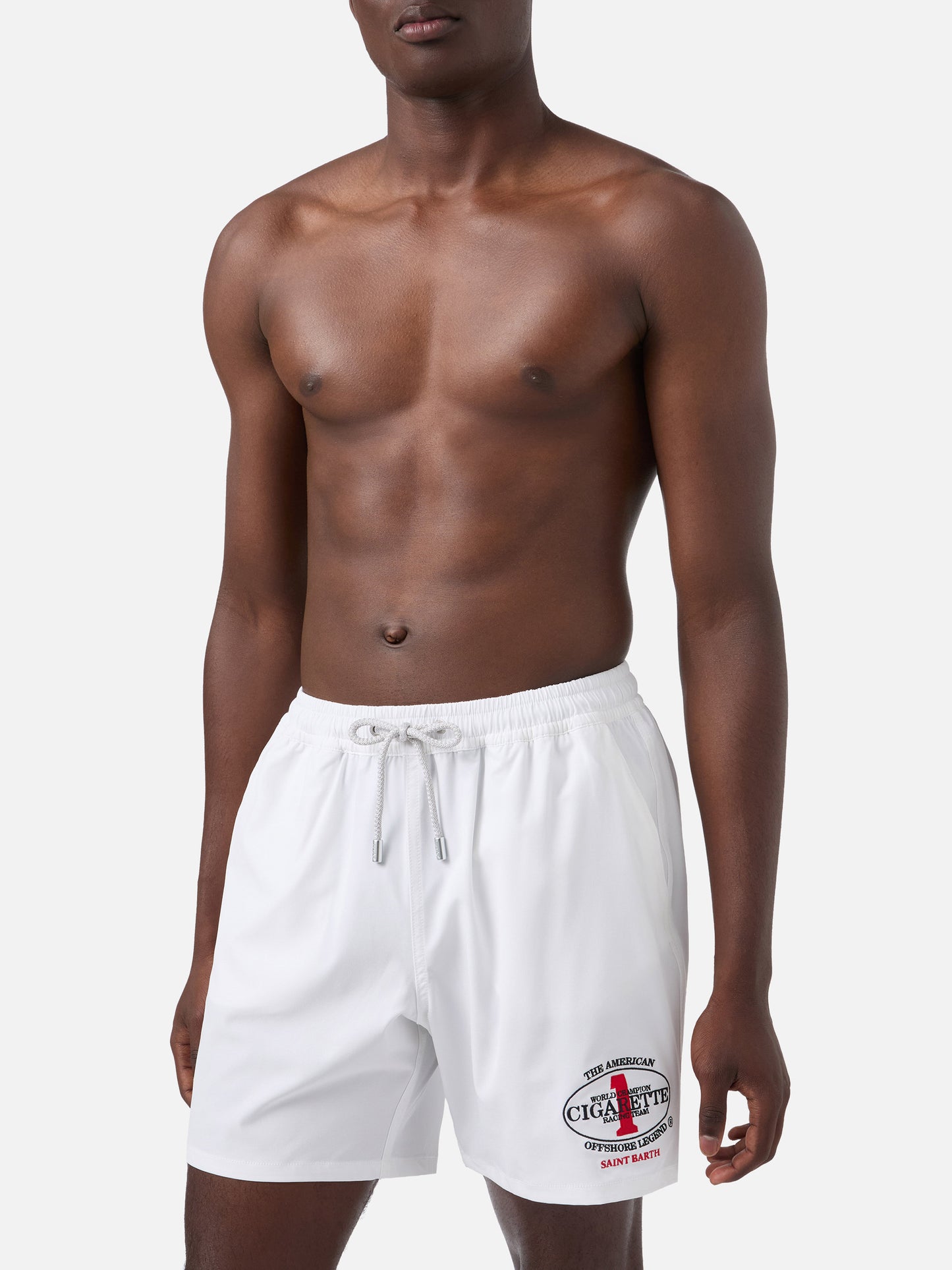 Gustavia white swim shorts with Cigarette embroidery | Special Edition