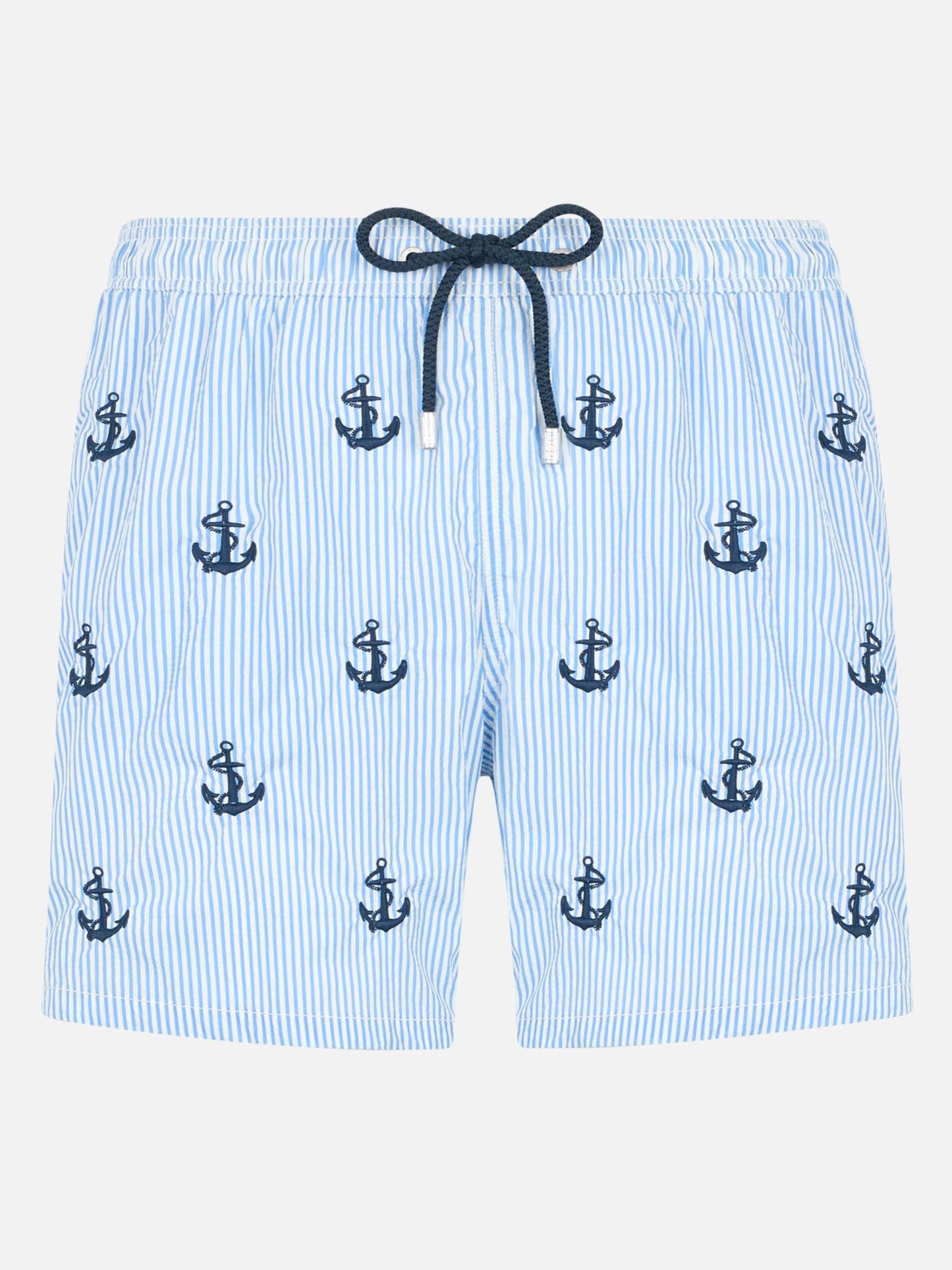 Mittellange Badeshorts für Herren aus Seersucker „Gustavia“ mit Ankerstickerei