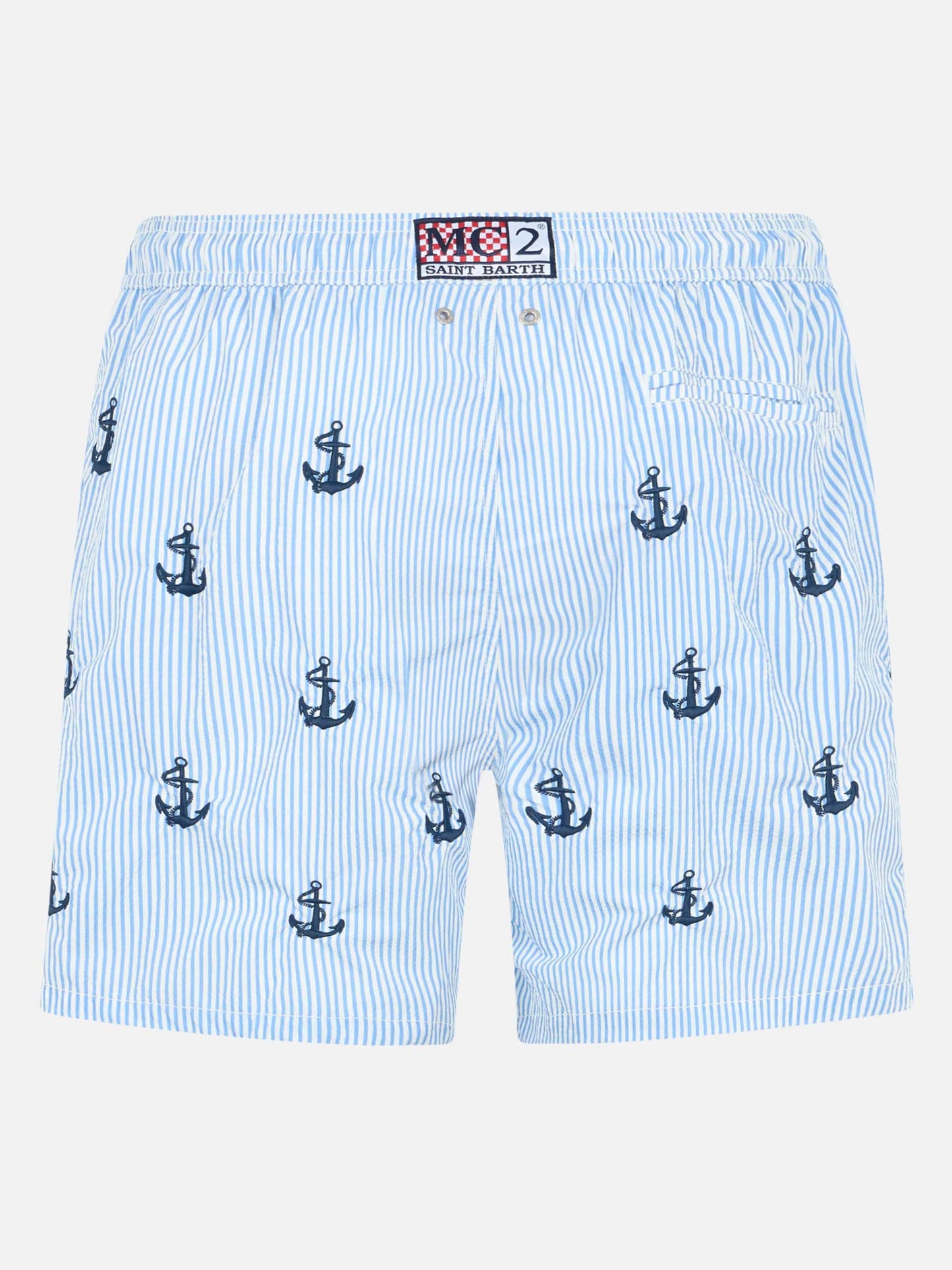 Mittellange Badeshorts für Herren aus Seersucker „Gustavia“ mit Ankerstickerei