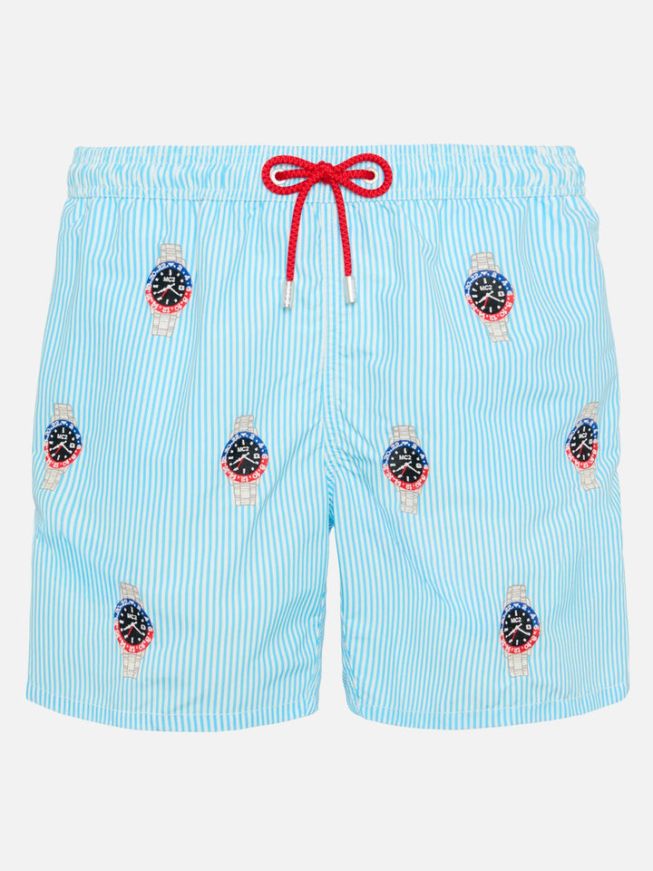 Mittellange gestreifte Badeshorts Gustavia mit Uhrenstickerei