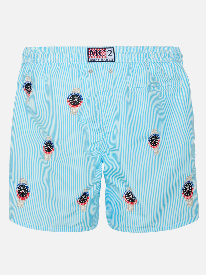 Mittellange gestreifte Badeshorts Gustavia mit Uhrenstickerei
