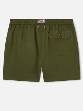 Gustavia military green plain-color linen swim shorts