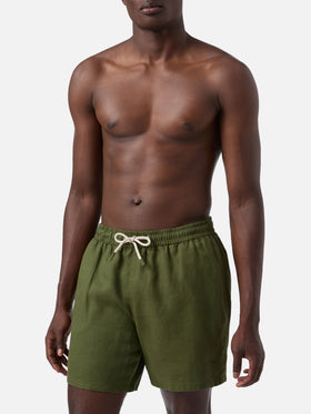Gustavia military green plain-color linen swim shorts