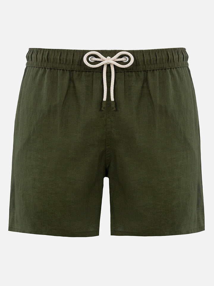 Mid-length military green linen swim-shorts Gustavia