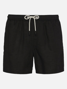 Mid-length black linen swim-shorts Gustavia