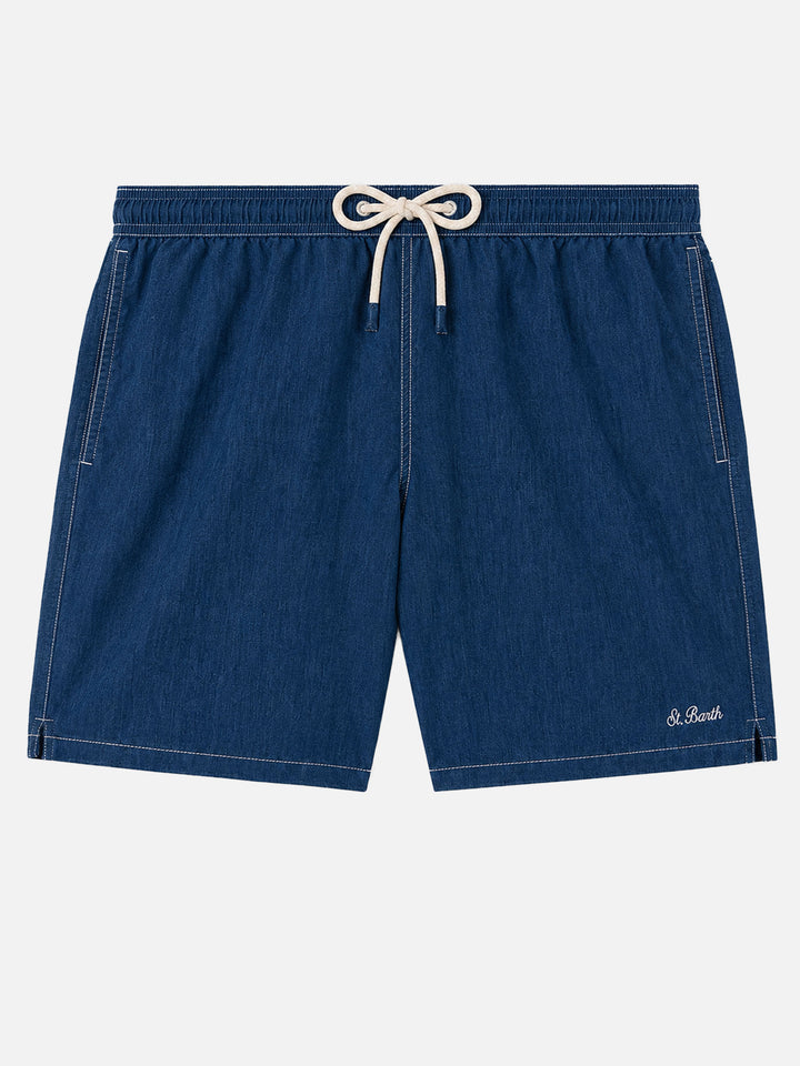 Costume Gustavia in lino blu denim tinta unita
