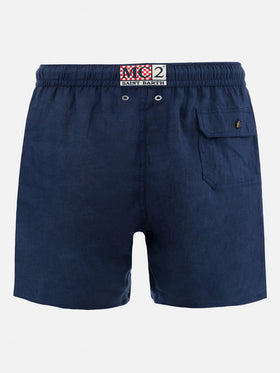 Mid-length navy blue linen swim-shorts Gustavia