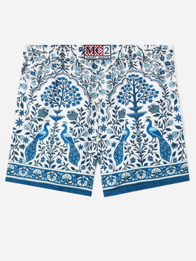 Gustavia white swim shorts with contrasting peacock print