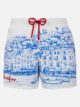 Man mid-length Gustavia swim-shorts with Portofino placed print