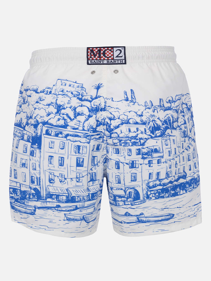 Mittellange Gustavia-Badeshorts für Herren mit platziertem Portofino-Aufdruck