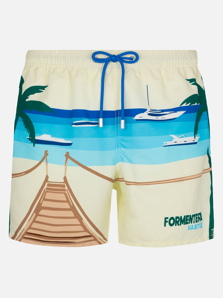 Mid-length Gustavia swim-shorts with Formentera postcard placed print