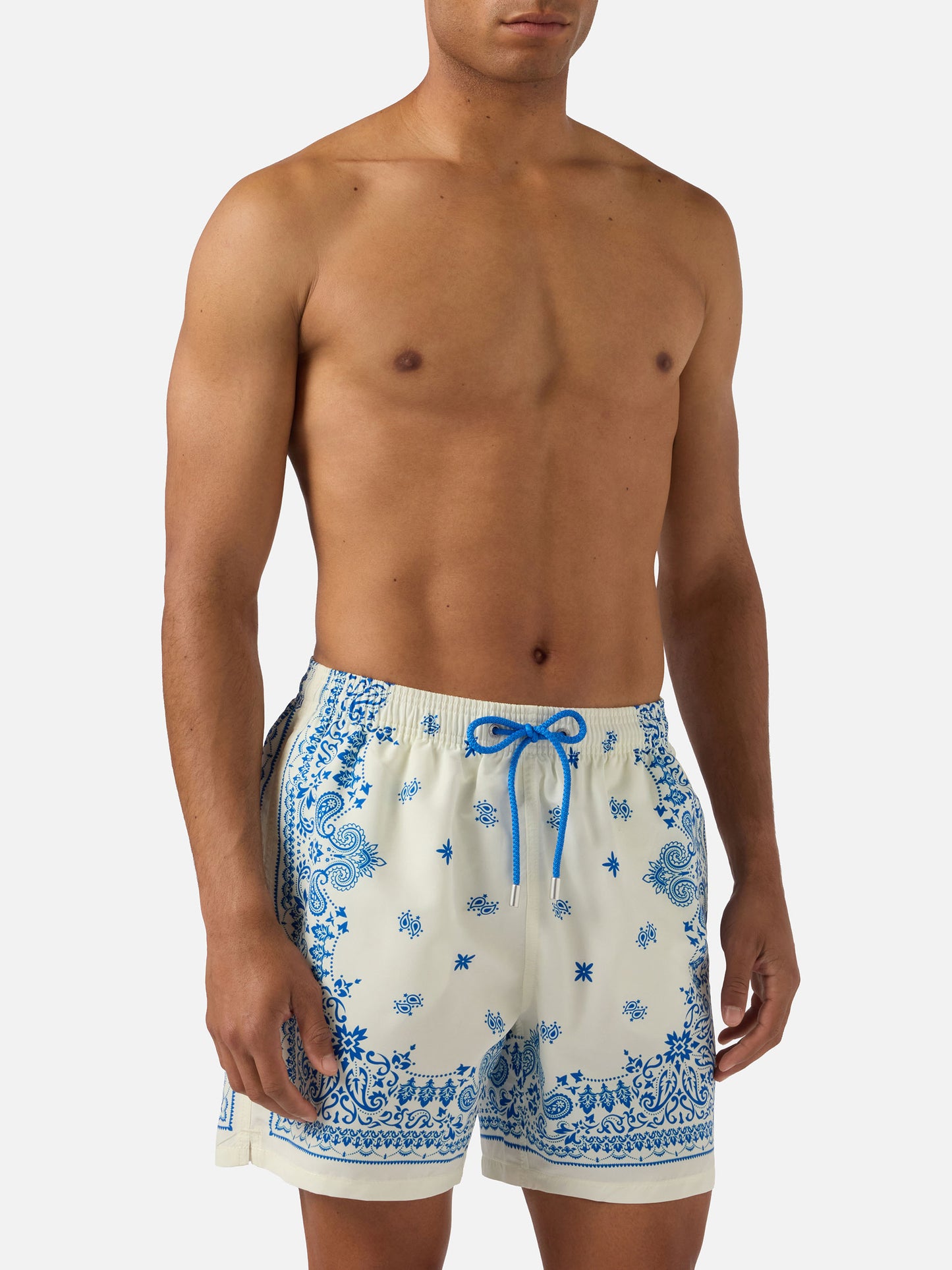 Gustavia light blue and white swim shorts with bandana print