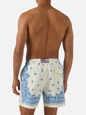 Gustavia light blue and white swim shorts with bandana print