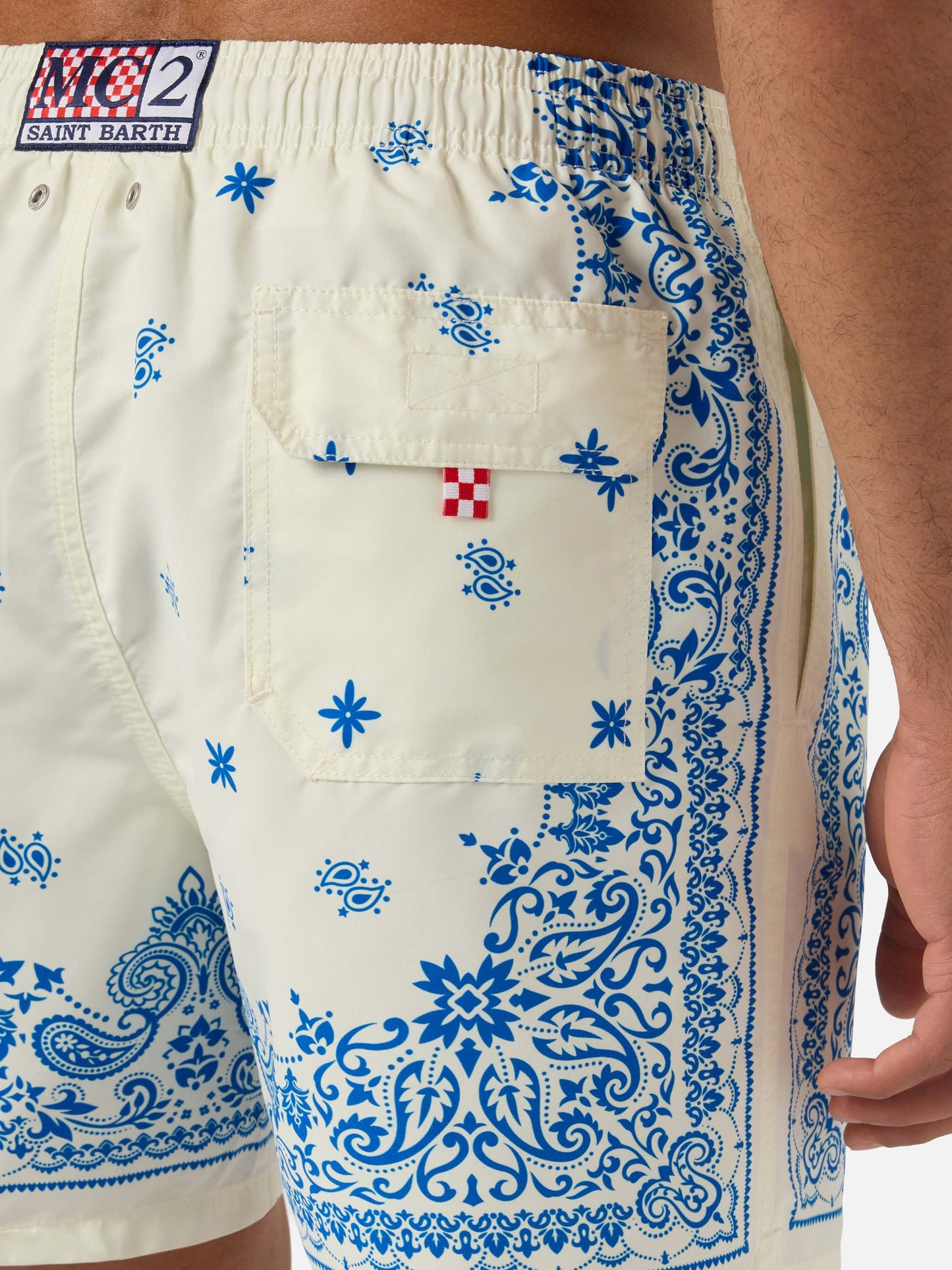 Gustavia light blue and white swim shorts with bandana print