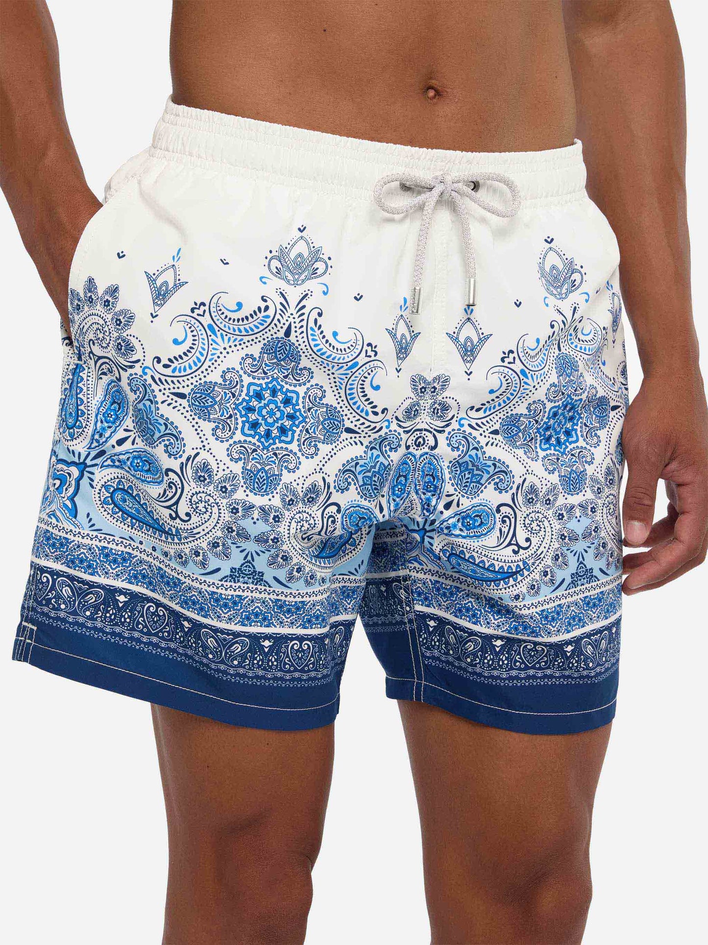 Mid-length Gustavia swim-shorts with paisley placed print