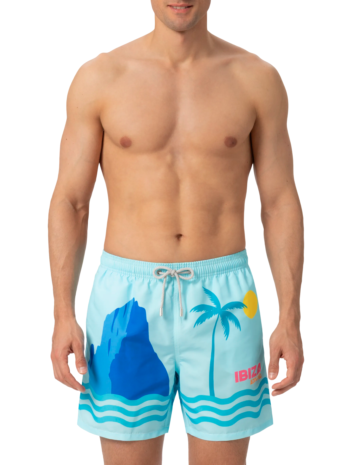 Mid-length Gustavia swim-shorts with Ibiza postcard placed print