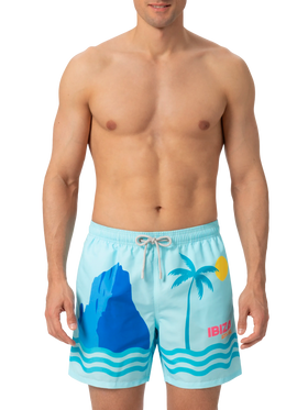 Mid-length Gustavia swim-shorts with Ibiza postcard placed print
