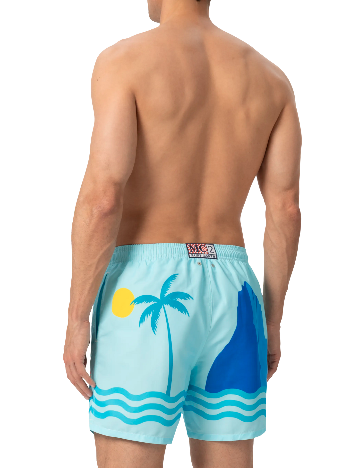 Mid-length Gustavia swim-shorts with Ibiza postcard placed print