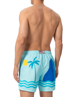 Mid-length Gustavia swim-shorts with Ibiza postcard placed print