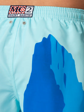 Mid-length Gustavia swim-shorts with Ibiza postcard placed print