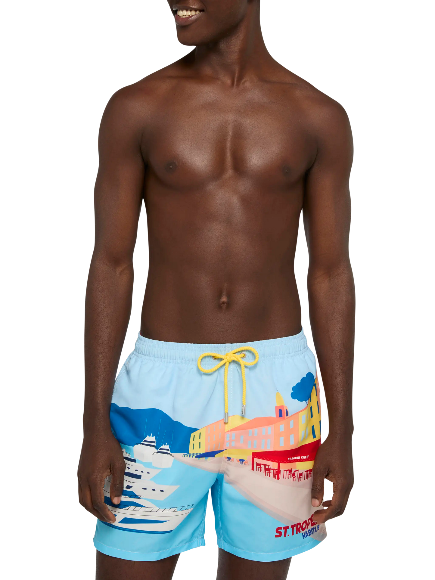 Costume mare lunghezza media Gustavia con stampa cartolina St. Tropez