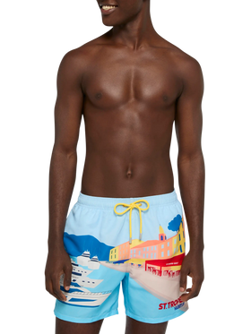 Costume mare lunghezza media Gustavia con stampa cartolina St. Tropez