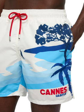 Costume mare lunghezza media Gustavia con stampa cartolina Cannes