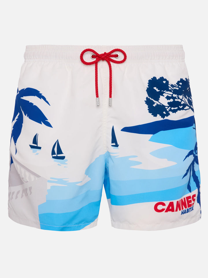 Mittellange Badeshorts Gustavia mit platziertem Cannes-Postkartendruck