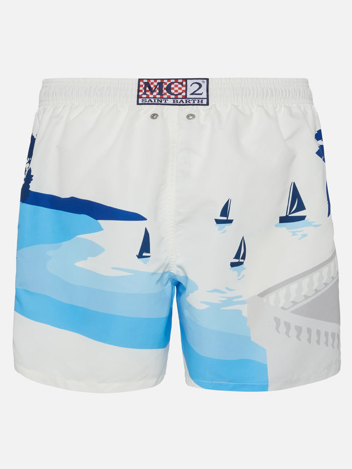 Mittellange Badeshorts Gustavia mit platziertem Cannes-Postkartendruck