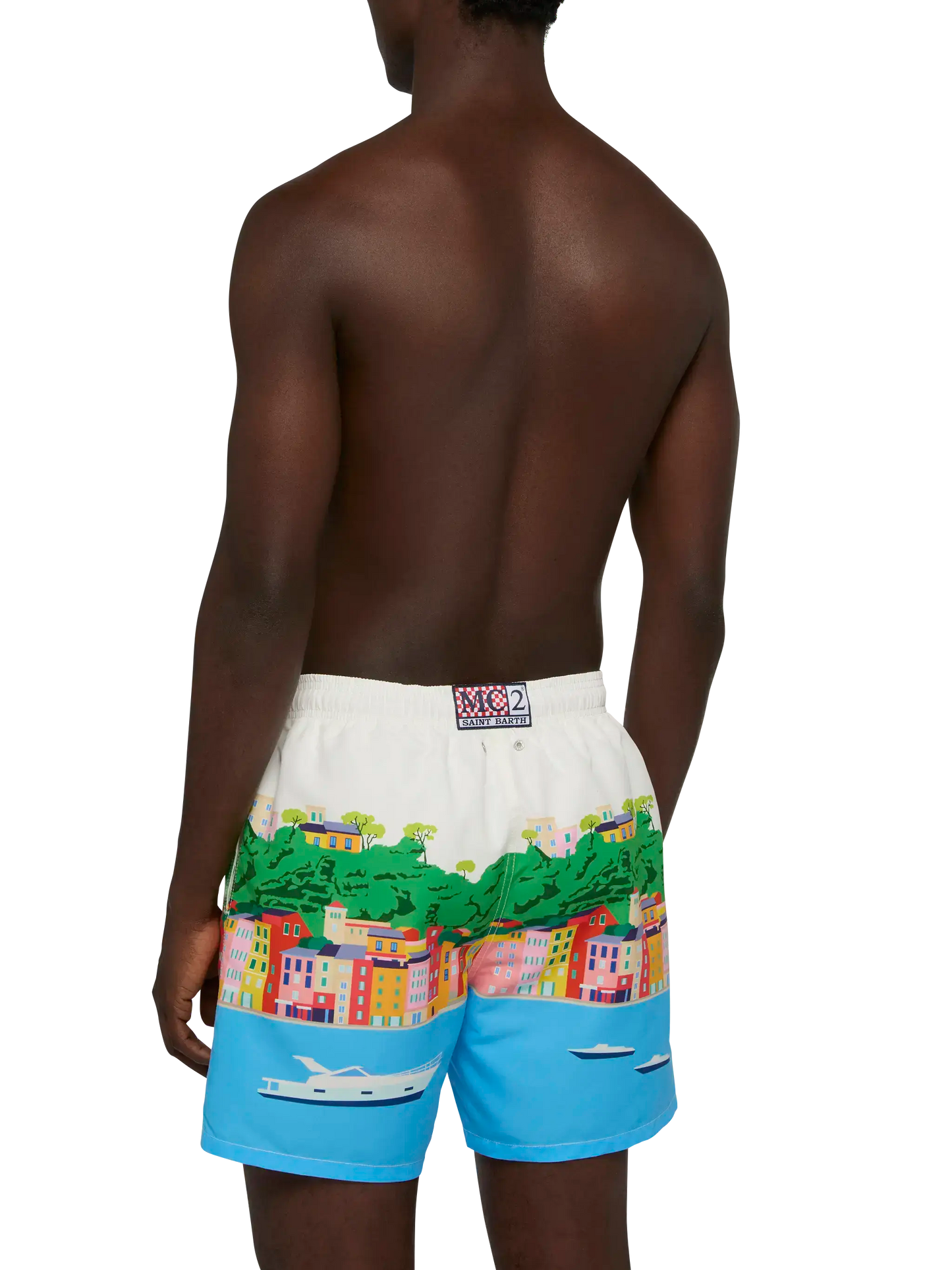 Costume mare lunghezza media Gustavia con stampa cartolina Portofino