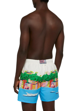 Costume mare lunghezza media Gustavia con stampa cartolina Portofino