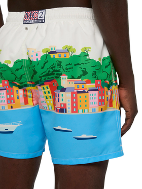 Costume mare lunghezza media Gustavia con stampa cartolina Portofino