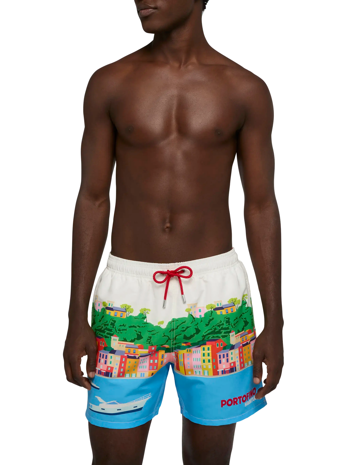 Costume mare lunghezza media Gustavia con stampa cartolina Portofino