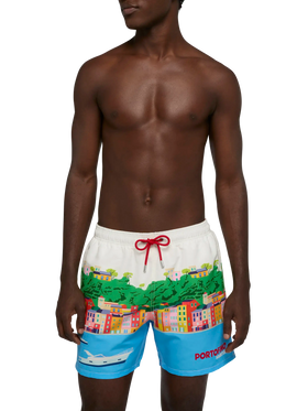 Costume mare lunghezza media Gustavia con stampa cartolina Portofino