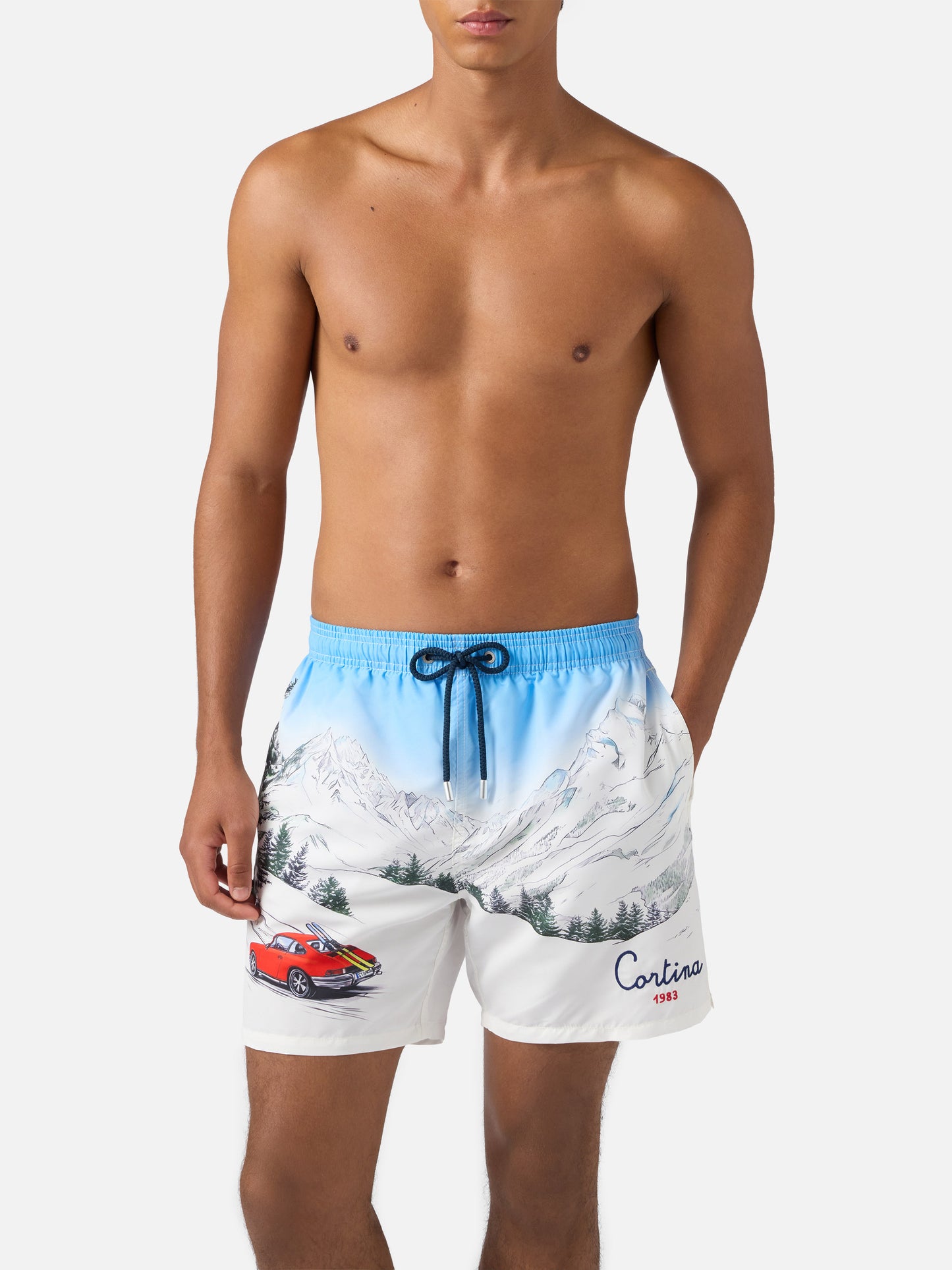 Mid-length Gustavia swim-shorts with Cortina placed print