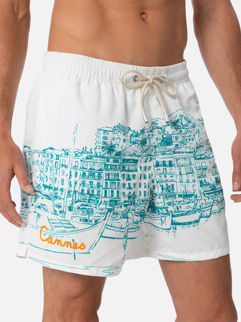Mittellange Gustavia-Badeshorts für Herren mit platziertem Cannes-Aufdruck