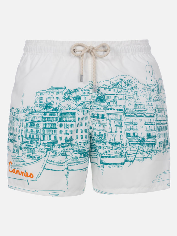 Mittellange Gustavia-Badeshorts für Herren mit platziertem Cannes-Aufdruck
