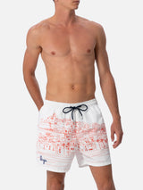 Man mid-length Gustavia swim-shorts with Ibiza placed print