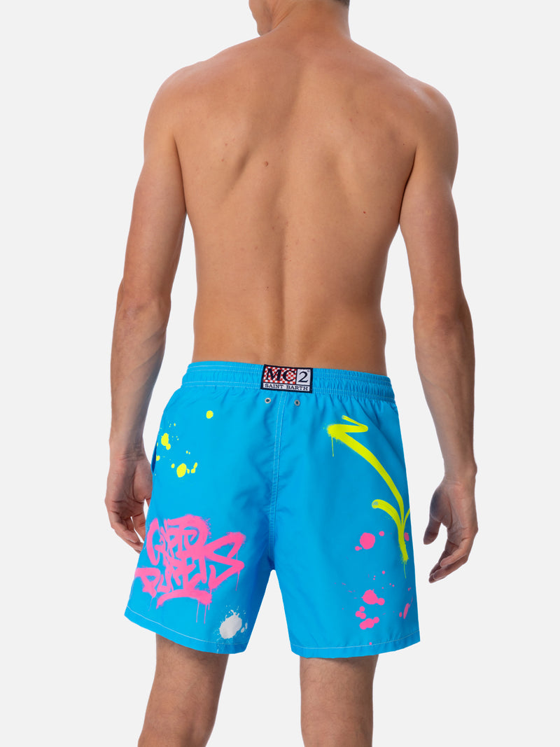 Man mid-length Gustavia swim-shorts with ducky Cryptopuppets placed print| CRYPTOPUPPETS SPECIAL EDITION