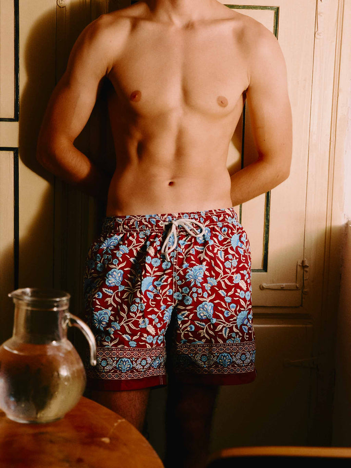 Short de bain Gustavia bordeaux à imprimé floral 
