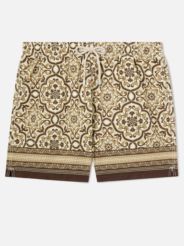 Short de bain Gustavia avec imprimé ornemental marron placé 