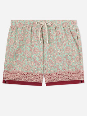 Gustavia aqua green swim shorts with contrasting paisley print