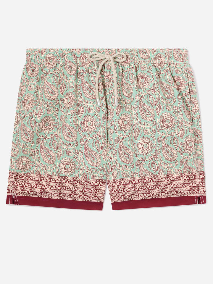 Gustavia Badeshorts in Aquagrün mit kontrastierendem Paisley-Print 