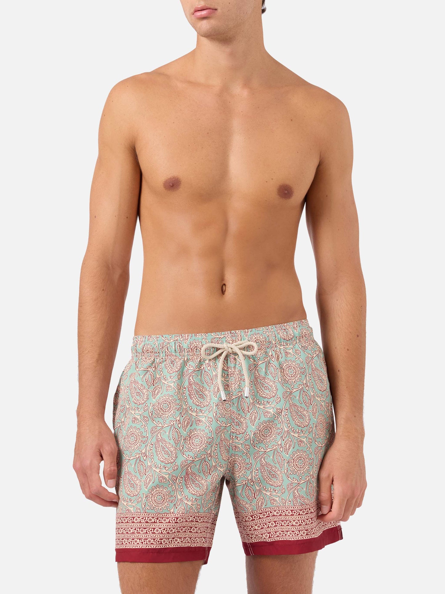 Gustavia aqua green swim shorts with contrasting paisley print