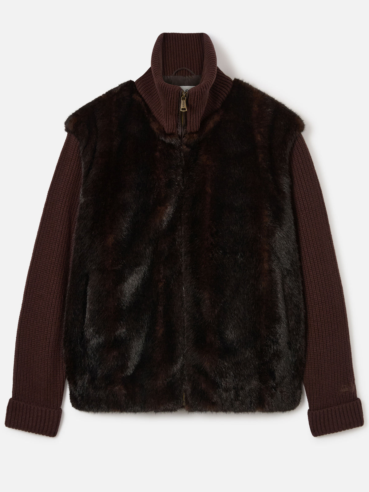 Veste en fausse fourrure brun-gris avec manches en maille côtelée 
